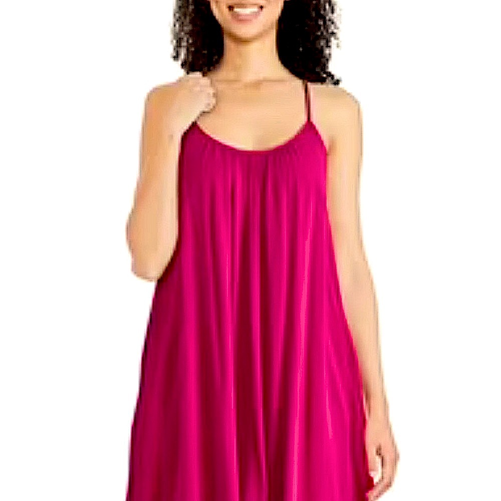 NWT LSPACE LINEN BLEND MINI DRESS COVERUP OVERSIZED S/M HOT PINK LACE BK TASSELS